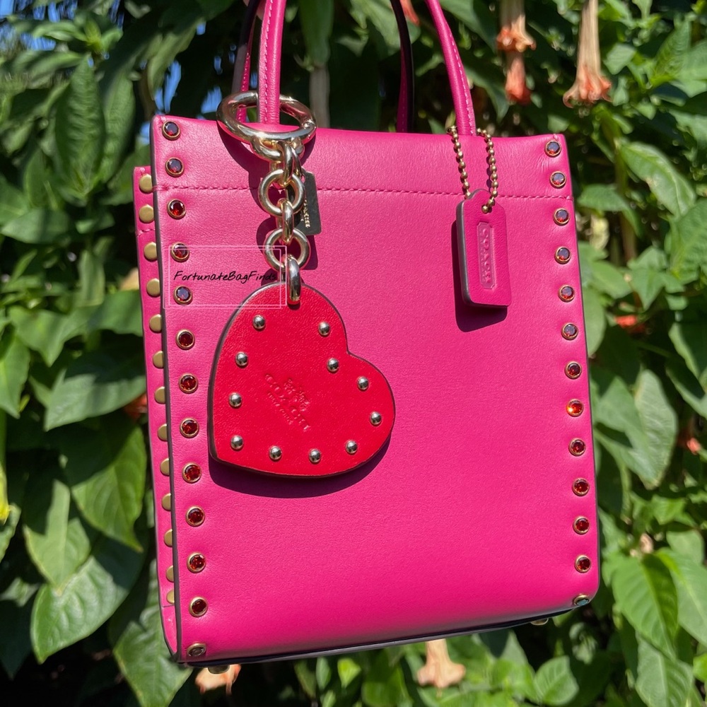 Coach Archive Pink Cashin Tote Red Crystal Rivets & Leather Heart Bag Charm SET